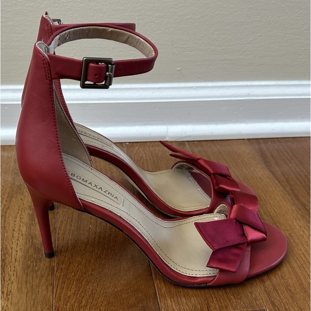 BCBG Max Azria Red Leather Bow Satin Sandals Ankle Strap Pump Heel 8M